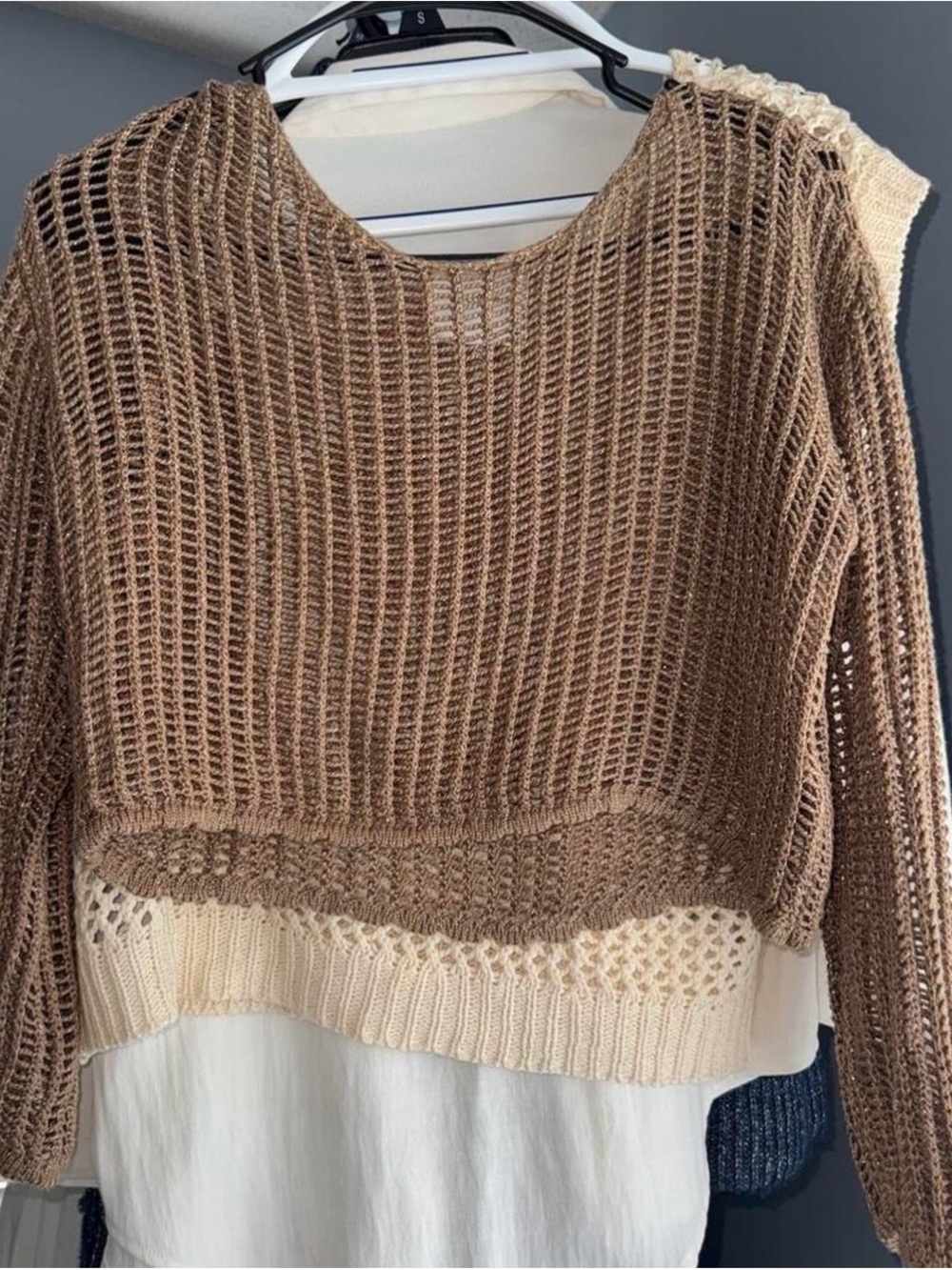 Layered Open-Knit Brown and Cream Scoop Neck Sweater